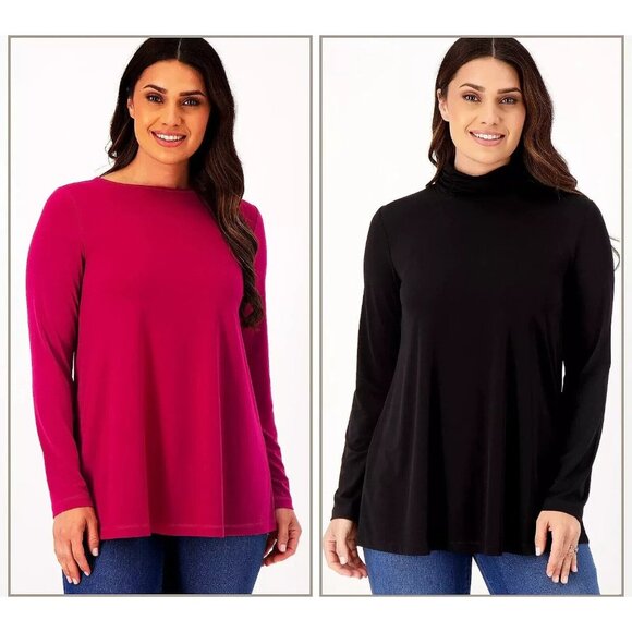 Susan Graver Essentials Pet Knit Set of 2 Tunics Black/Berry Petite S A547190 - Picture 1 of 1